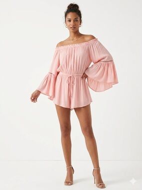 Elan Blush Pink Off-Shoulder Romper with Bell Sleeves